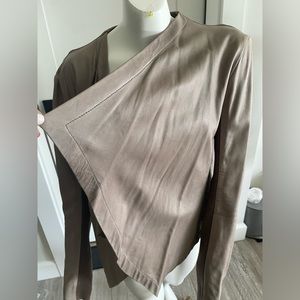 Hinge asymmetrical, draped taupe leather jacket